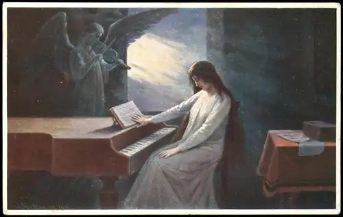 Ansichtskarte  Engel Frau am Klavier Künstlerkarte Stimmungsbild 1926