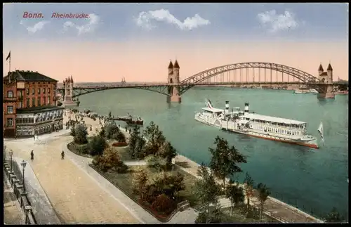 Bonn Rhein Ufer Schiff Dampfer passiert Brücke Rheinbrücke 1918