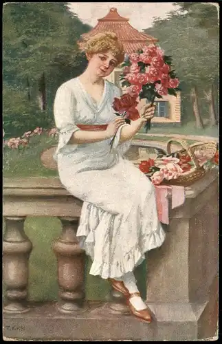 T. KROJ: Die erste Rose. Künstlerkarte: Gemälde / Kunstwerke 1922