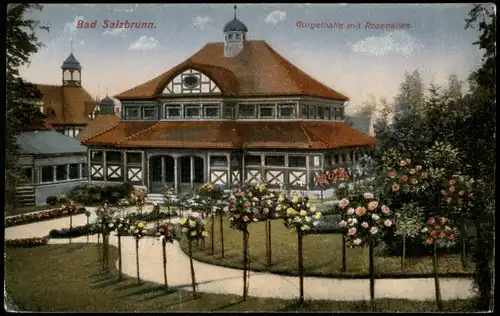 Postcard Bad Salzbrunn Szczawno-Zdrój Gurgelhalle mit Rosenallee. 1914