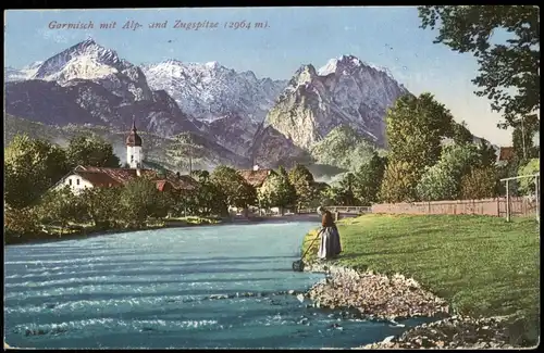 Ansichtskarte Garmisch-Partenkirchen Frau am Fluß - Stadt 1928