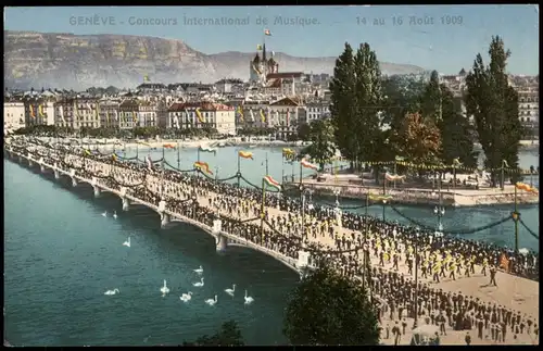 Genf Genève Panorama zum Tag Concours International de Musique 1909