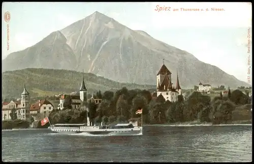 Ansichtskarte Spiez Panorama-Ansicht, Schiff Thunersee 1900