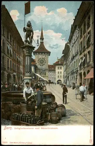 Bern (Schweiz) Berne Zeitglockenturm und Bärenbrunnen, belebte Strasse 1910