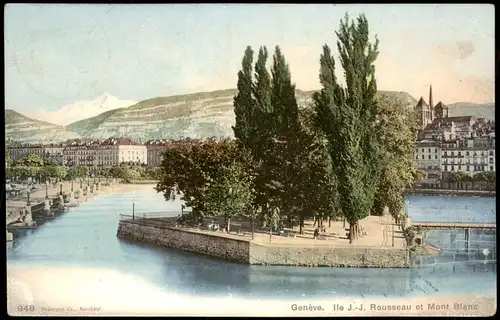 Ansichtskarte Genf Genève lle J.-J. Rousseau et Mont Blanc 1906