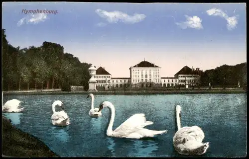 Ansichtskarte Neuhausen-München Nymphenburg Schloss Teich mit Schwänen 1910