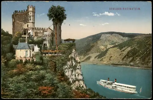 Bingen am Rhein Rhein Schiff passiert Burg Schloss Rheinstein 1915