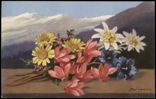 Ansichtskarte  Künstlerkarte Blumenstraß vor Berglandschaft 1944