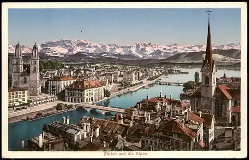 Ansichtskarte Zürich Blick über die Stadt auf die Alpen 1922