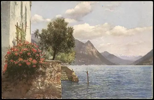 Gandria-Lugano Umlandansicht mit Lago di Lugano; Photochromie Serien-AK 1928