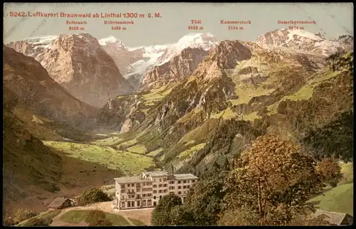 Ansichtskarte Braunwald GL Partie am Hotel mit Alpen-Bergkette 1910