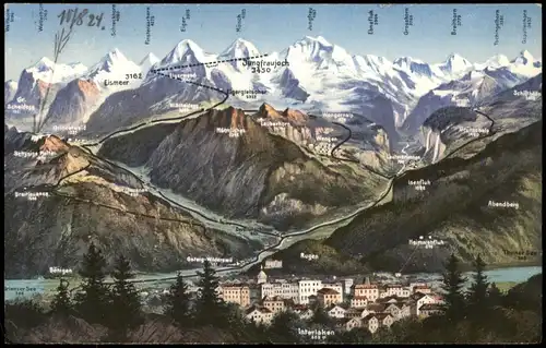 Interlaken Panorama-Ansicht Alpen Berge mit Namen, Mountain View 1910
