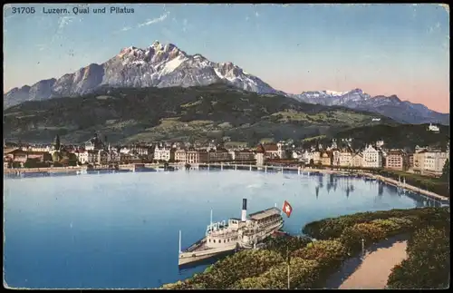 Ansichtskarte Luzern Lucerna Panorama mit Quai und Pilatus 1927