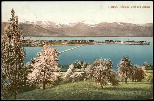 Lindau (Bodensee) Panorama-Ansicht mit den Alpen u.d. Bodensee 1910