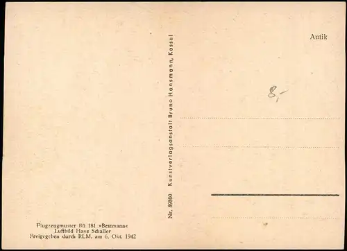 Flugzeugmuster Bä 181 »Bestmann Militär/Propaganda - 2.WK (Zweiter Weltkrieg) Flugzeug Airplane Avion 1940