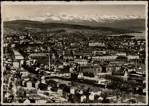 Ansichtskarte Zürich Totale mit Alpen 1937  gel. Stempel Zürich Bahnhof