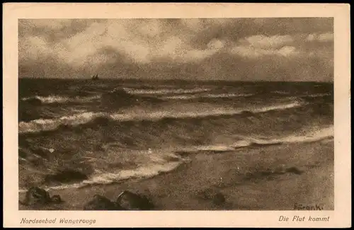 Wangerooge Meer / Strand Die Flut kommt (signierte Künstlerkarte) 1920