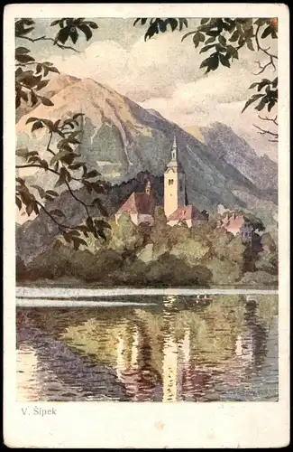 Bled Veldes Pogled na Blejski BLED Künstlerkarte Künstler V. Sipek 1920