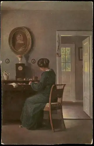 Künstlerkarte  Alfred Broge: Stille Syssel Tidsfördrif Stille Arbeit 1920