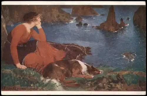 Signierte Künstlerkarte Kunstwerk P.A. Laurens "Einsamkeit" 1921