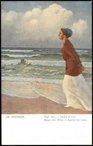 Künstlerkarte Gemälde Kunstwerk (Art) AD. WIESNER Gegen den Wind 1920