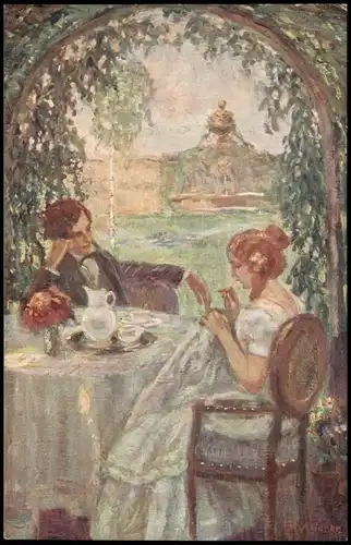 Künstlerkarte Gemälde Kunstwerk (Art) A. Wierer Plauderstündchen 1910