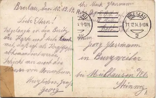 Postcard Breslau Wrocław Liebigshöhe. 1914  gel. Feldpost