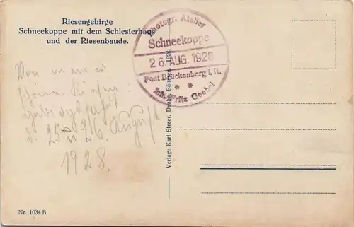 Postcard Krummhübel Karpacz Schneekoppe mit dem Schlesierhaus 1928