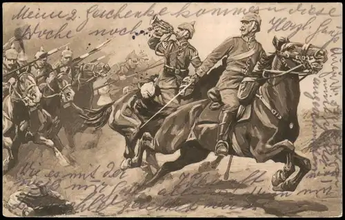Künstlerkarte Militär: Attacke dt. Dragoner i.d. Schlacht a.d. Marne 1915