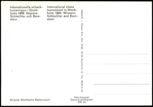 Ansichtskarte  Schach Chess - Spiel , Internationales Turnier Stockhom 1906