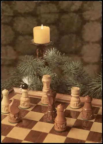 Schach Chess Motivkarte Spielbrett mit Kerze u. Tannenzweigen 1975
