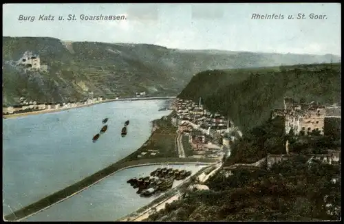 Ansichtskarte St. Goarshausen Burg Katz, Hafen und Boote 1912