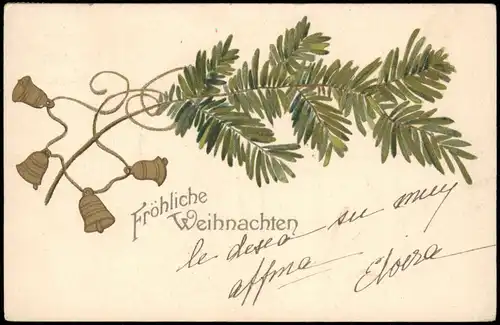 Weihnachten - Christmas Tannenzweig Goldglocken - Künstlerkarte 1903