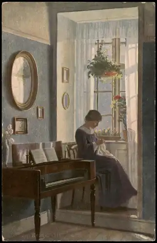 Künstlerkarte: Kunstwerke Alfred Broge - Frau in Stube bei Näharbeiten 1917