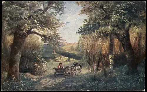 Künstlerkarte Gemälde Kunstwerk: Landschaft mit Pferde-Kutsche 1910