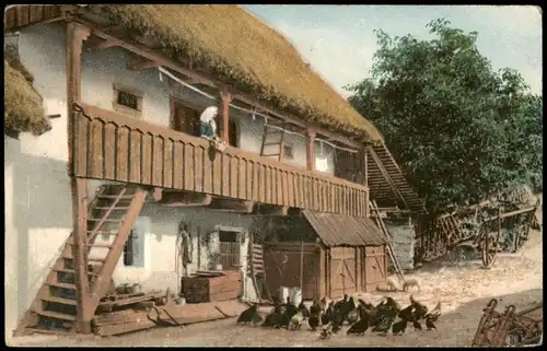 Ansichtskarte  Künstlerkarte Motiv: Hühner Landwirtschaft Hofgebäude 1910