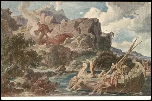 Fr. Preller's Odyssee-Landschaften Abfahrt  Kyklopen, Künstlerkarte 1920