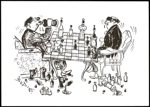 Schach (Chess) Motivkarte Illustration mit "besoffenen" Spielern 1990