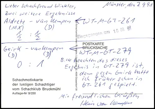 Schachmotivkarte der lustigen Schachtiger vom Schachklub Bruckmühl 1991