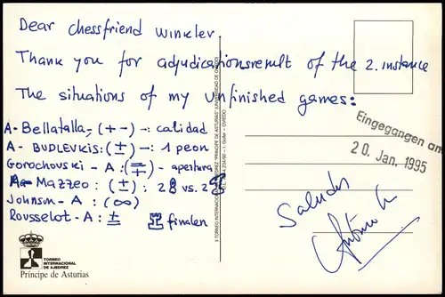 Ansichtskarte  Schach (Chess) Motivkarte TORNEO INTERNACIONAL DE AJEDREZ 1995