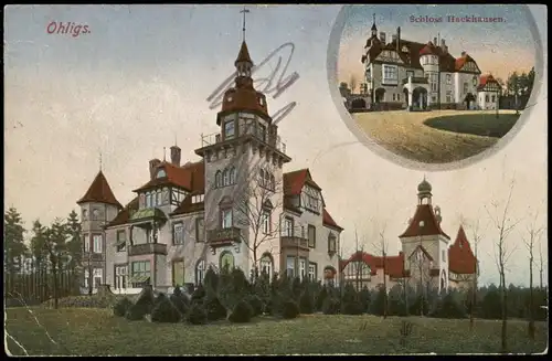 Ohligs Solingen 2B Schloss Hackhausen 1921  gel Bahnpoststempel Köln Dortmund