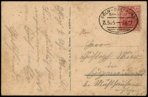 Ohligs Solingen 2B Schloss Hackhausen 1921  gel Bahnpoststempel Köln Dortmund