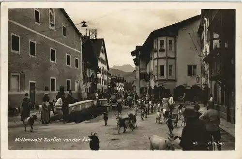 Mittenwald Zurück von der Alm, Almabtrieb, Ziegen, Strassen Ansicht 1931