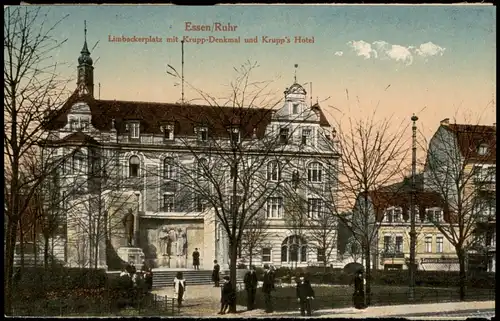 Essen (Ruhr) Limbeckerplatz mit Krupp-Denkmal und Krupp's Hotel 1914