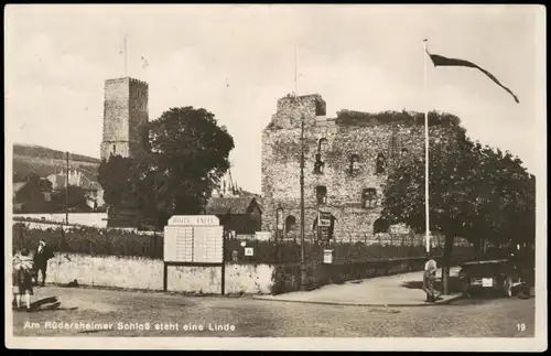 Ansichtskarte Rüdesheim (Rhein) Straßenpartie, Hotel-Tafel, Schloß 1929