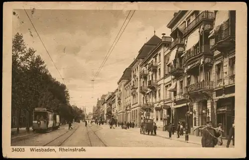 Ansichtskarte Wiesbaden Rheinstraße, Tram Straßenbahn 1919