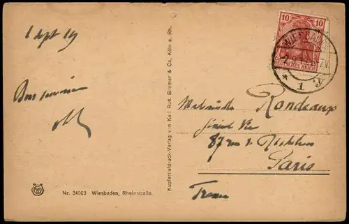 Ansichtskarte Wiesbaden Rheinstraße, Tram Straßenbahn 1919