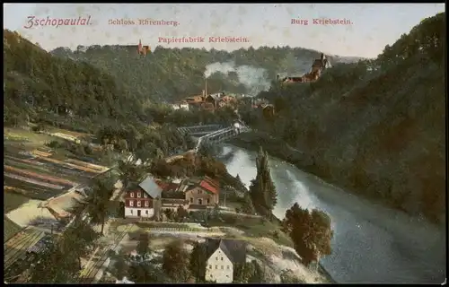 Kriebstein Panorama Zschopautal Schloss Ehrenberg Papierfabrik und Burg 1910
