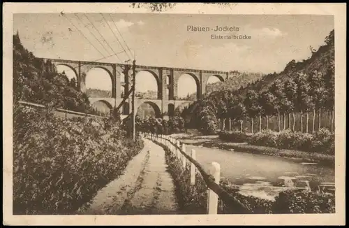 Ansichtskarte Jocketa-Pöhl Elstertalbrücke, Weg am Fluß 1921