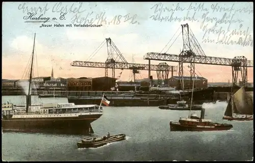Ansichtskarte Hamburg Neuer Hafen mit Verladebrücken, Schiffe 1910